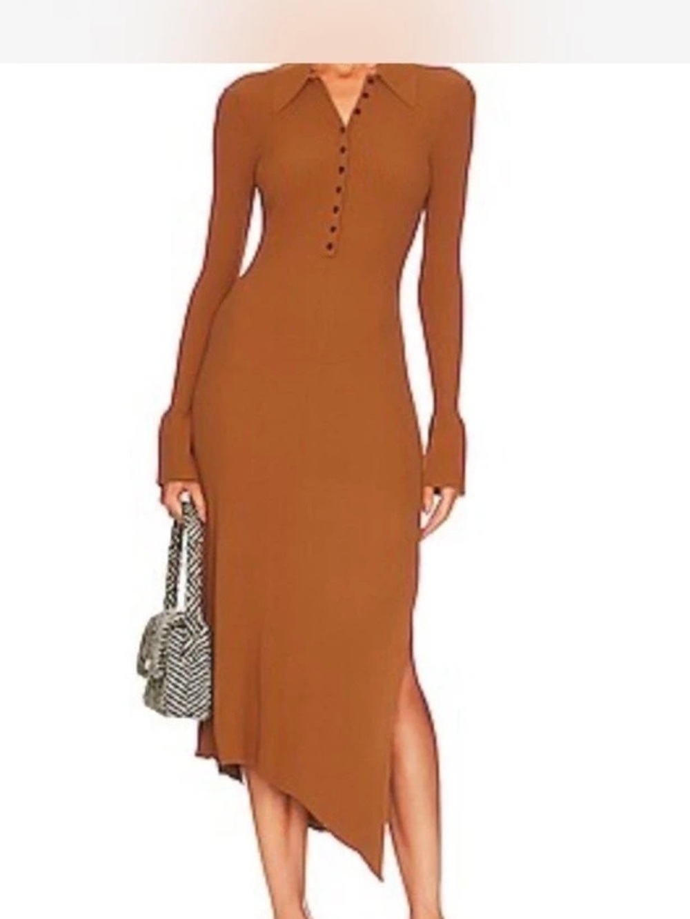 A.L.C. Lance Cognac Ribbed Knit Asymmetric Midi Dress Size M $495